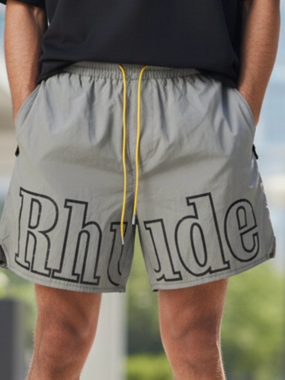 Rhude Men's Gray Logo Swim Shorts with Yellow Drawstring S